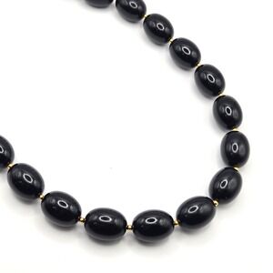 Vintage Black Oval Bead Necklace Gold Tone‎ Spacers Screw Barrel Clasp 20 Inch